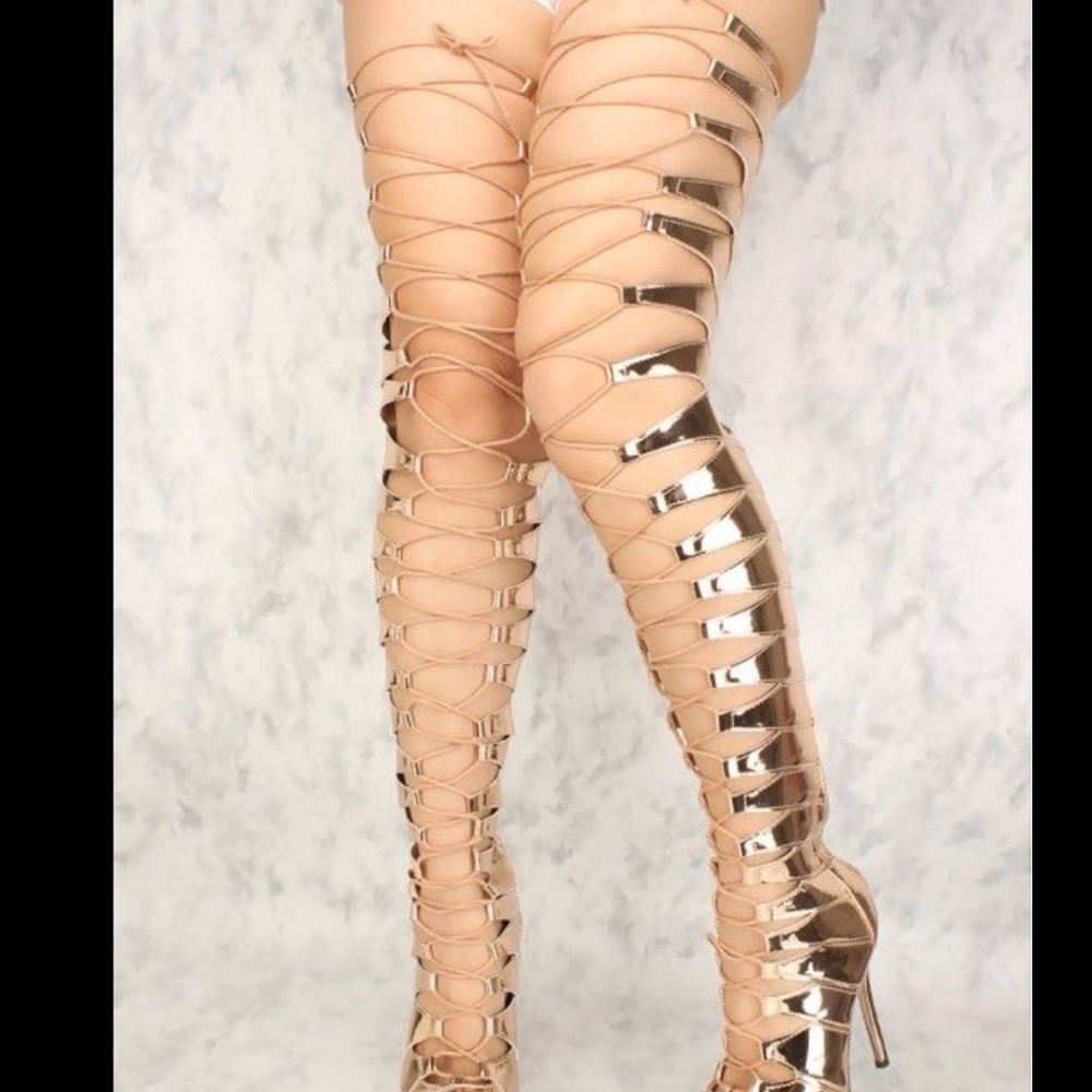 Women's Strappy Gold Thigh-High Heels